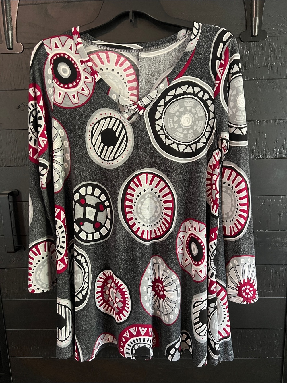Gray Patterned Tunic Top with Pink & White Circles